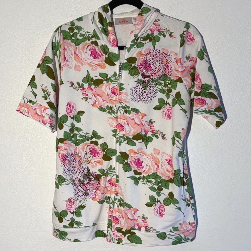 Quacker‎ Factory Womens XS Floral Rhinestone Short Sleeve Zip Up Hoodie White